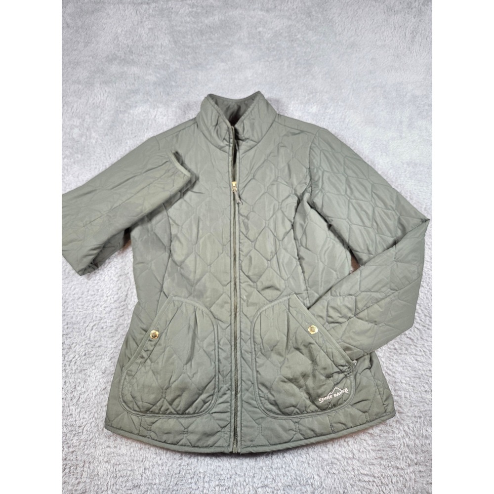 Eddie Bauer Womens Quilted Full Zip Jacket Olive Green Small‎ Diamond Pattern